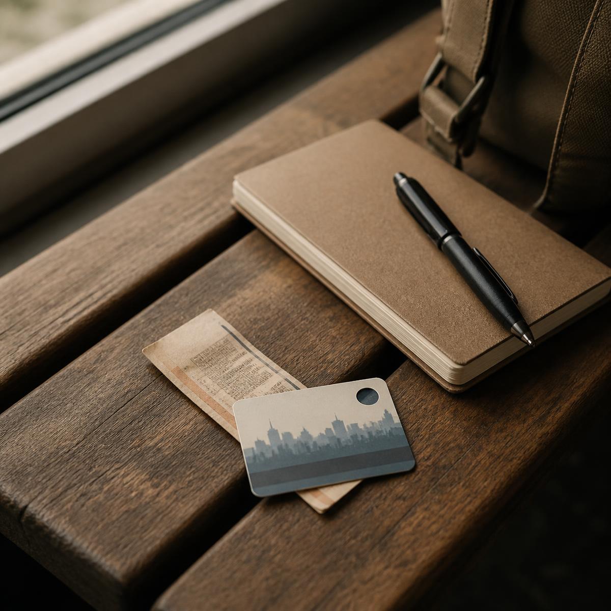 A bus pass and small notebook on a wooden bench near a window.