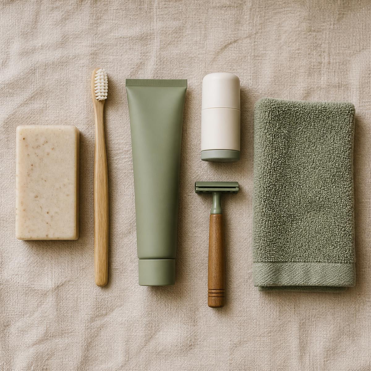 A neatly arranged hygiene kit: soap, toothbrush, toothpaste, deodorant, razor, and towel on linen.
